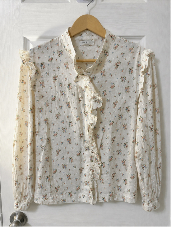Mable Tops - Women's Mable Floral Ruffle Blouse, Size S, White and Pink
